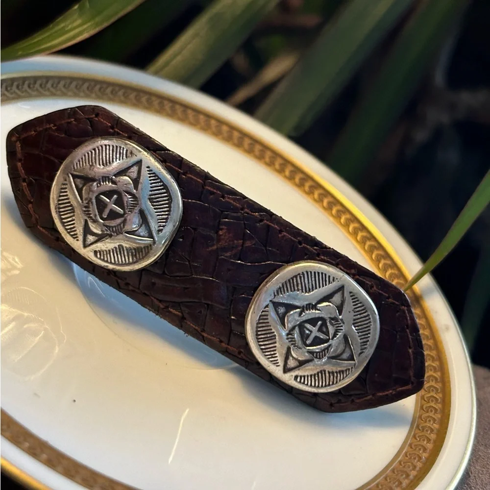 Vintage Brown Leather & Silver Metal Barrette